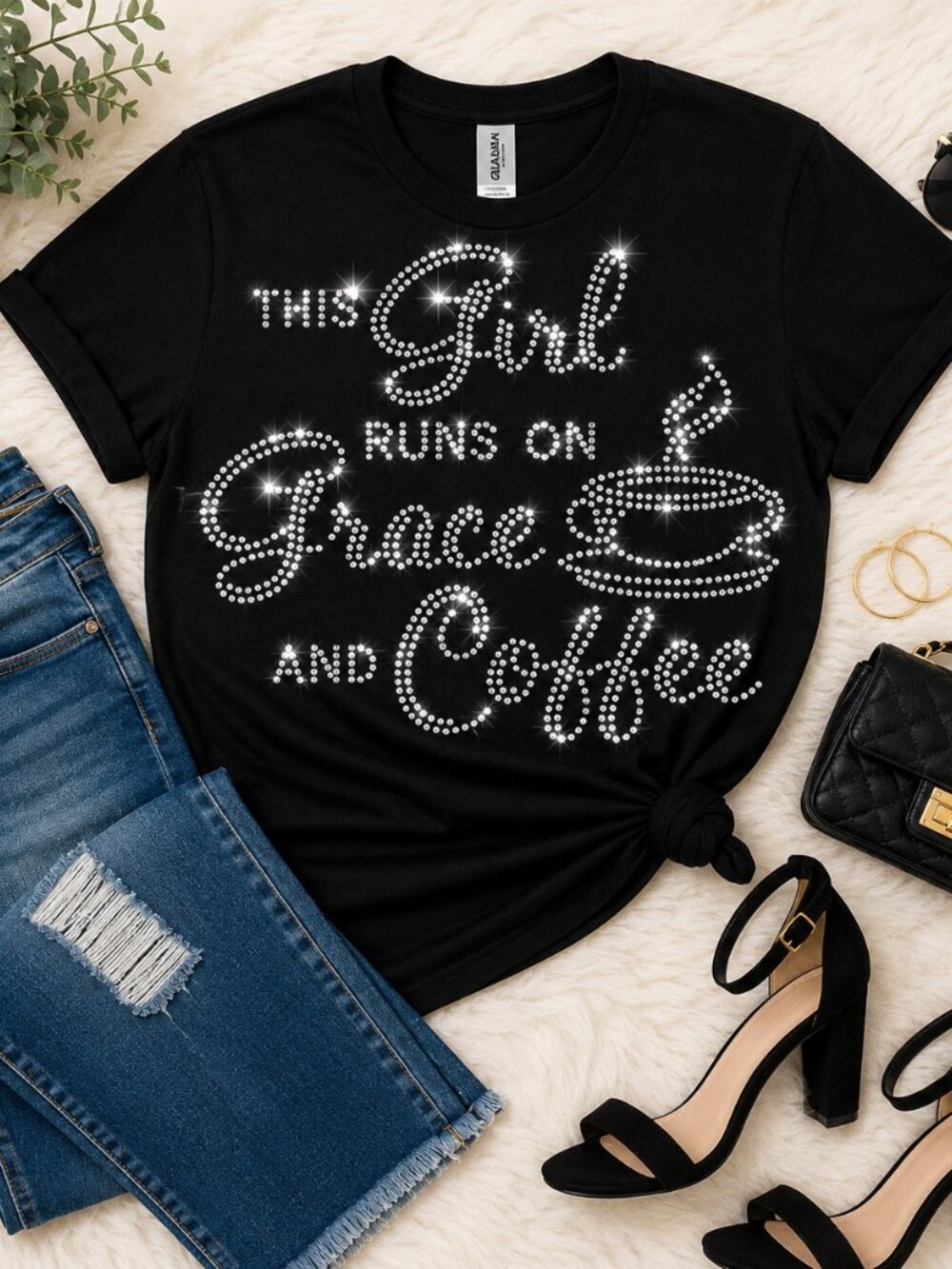 ✨ This Girl Runs on Grace and Coffee Rhinestone Tee | Christian Coffee Shirt | F